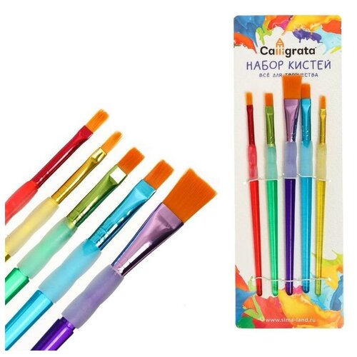 фото Набор кистей нейлон 5 штук, круглые, с цветными ручками, с резиновыми держателями calligrata