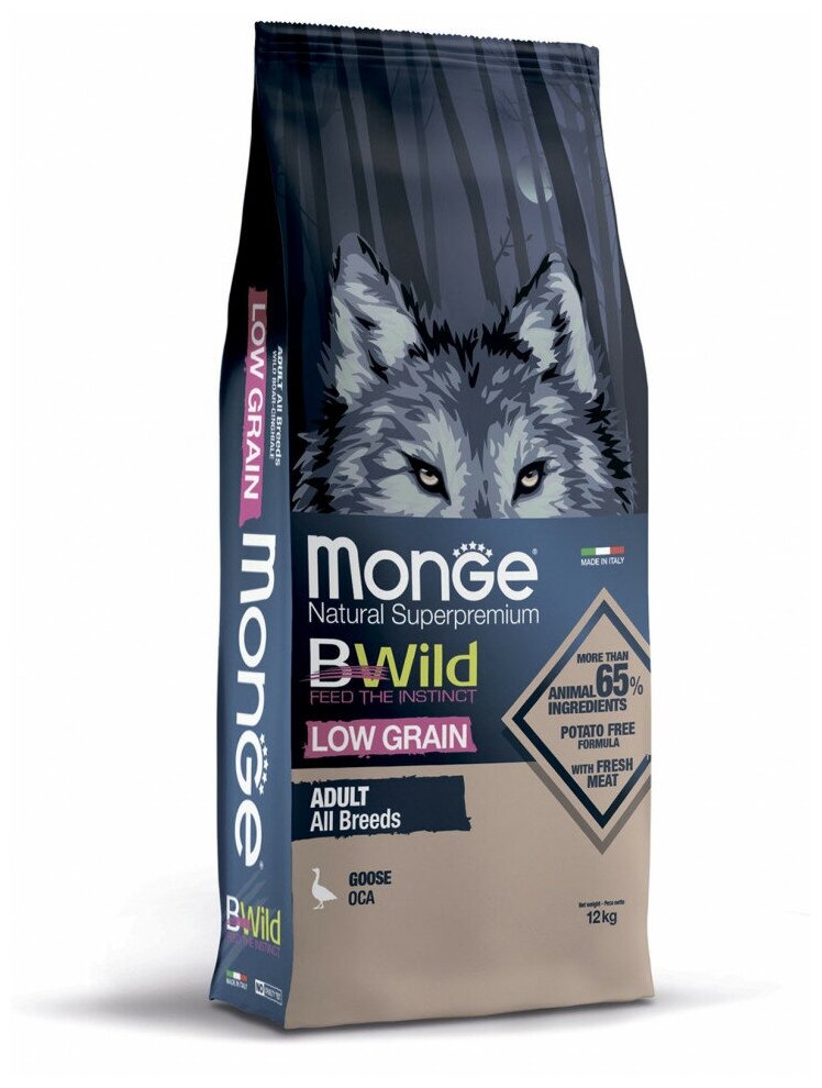 Monge Dog BWild Low Grain сухой низкозерновой корм для взрослых собак всех пород с мясом гуся 12 кг