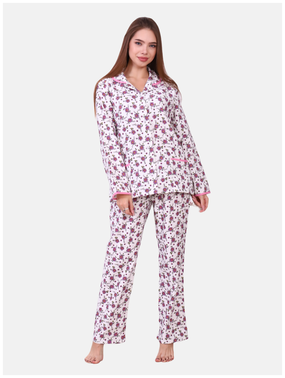 Ретро-Пижама женская с брюками теплая. Большие размеры. М-110 (розовая) 54 - фотография № 1