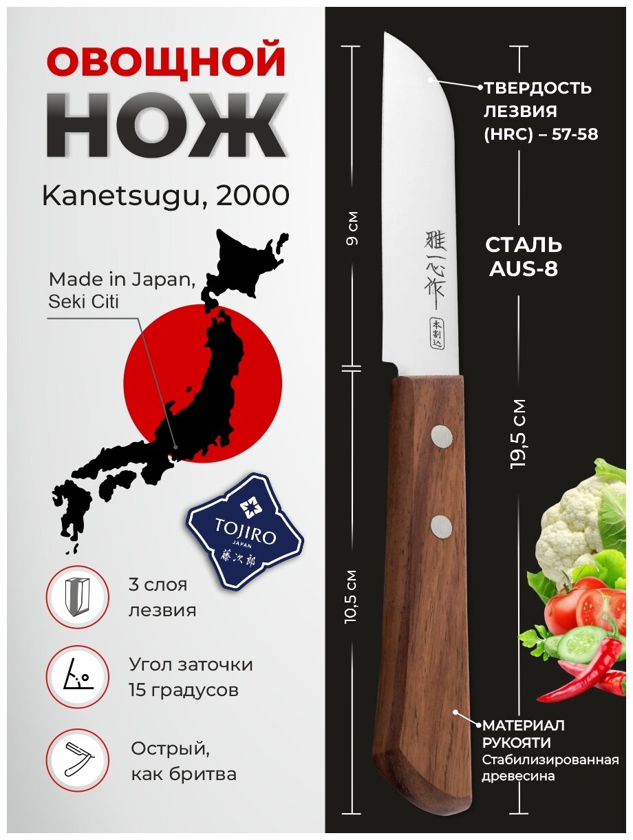 Нож для чистки овощей и фруктов Kanetsugu Special Offer, 90 мм, сталь AUS-8/SUS410, 3 слоя, рукоять розовое дерево - фото №10