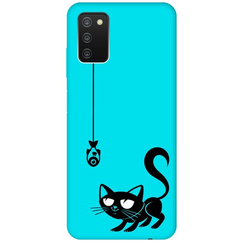 матовый чехол sad cat для samsung galaxy a03s самсунг а03с с 3d эффектом бирюзовый Матовый чехол Scratchy and fish для Samsung Galaxy A03s / Самсунг А03с с 3D эффектом бирюзовый