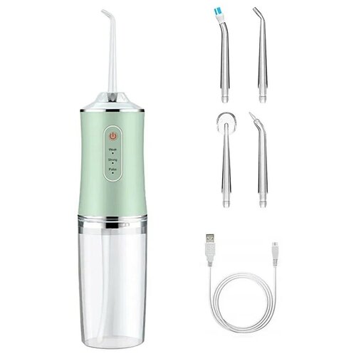 Ирригатор, ирригатор для зубов, ирригатор для полости рта, 3 режима, зарядка USB, 4 насадки в комплекте, зеленый