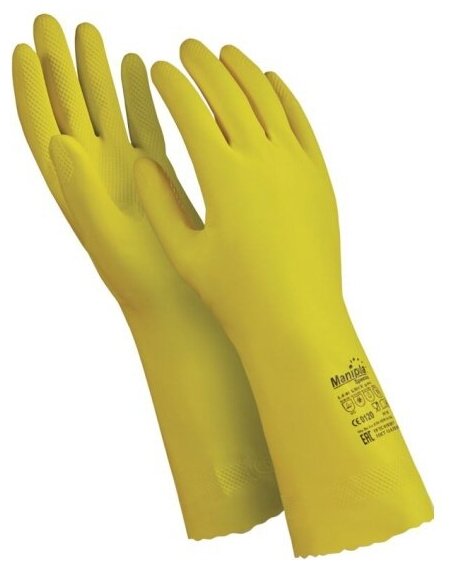 Перчатки латексные Manipula "Блеск" (хлопчатобумажное напыление, размер 9-9,5 (L), желтые, L-F-01)