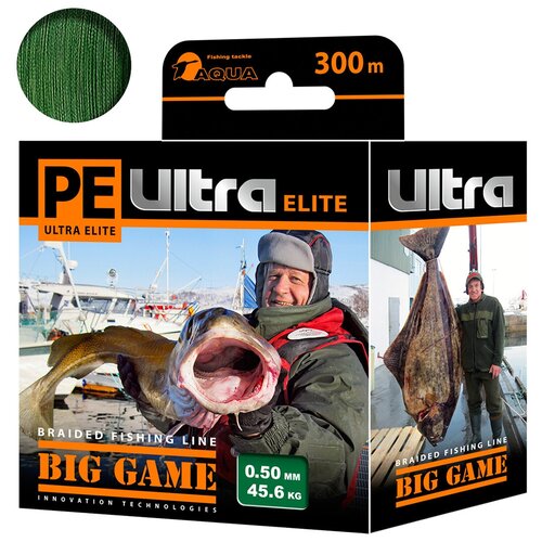 Плетеный шнур AQUA PE ULTRA ELITE BIG GAME Olive 0,50mm 300m, цвет - оливковый, test - 45,60kg