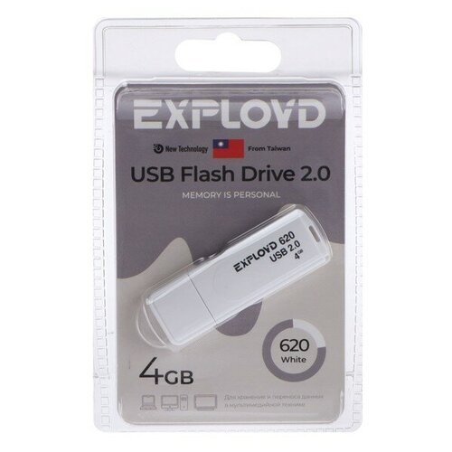 Флешка Exployd 620, 4 Гб, USB2.0, чт до 15 Мб/с, зап до 8 Мб/с, белая