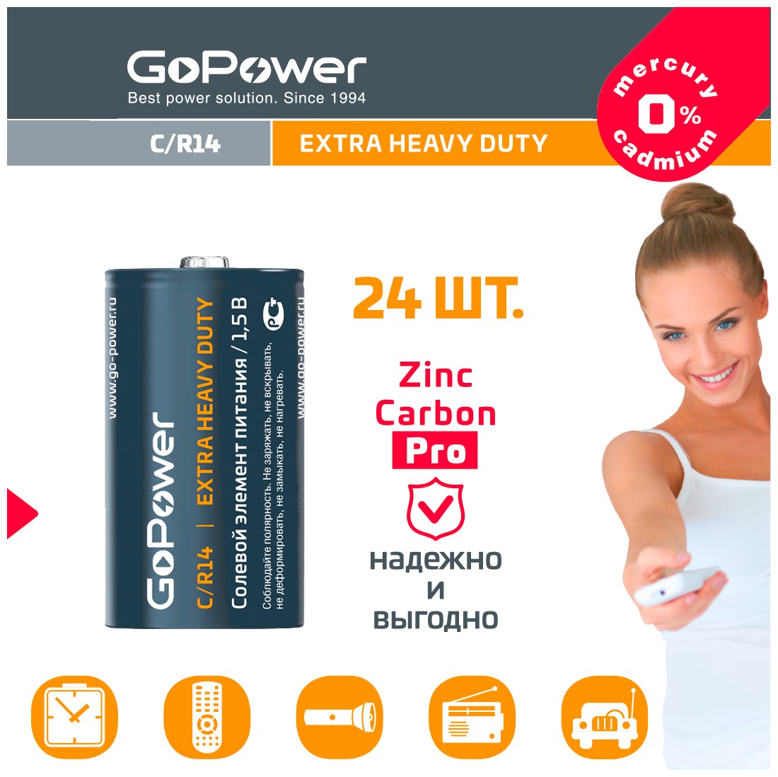 Батарейка GoPower R14 C Shrink 2 Heavy Duty 1.5V - упаковка 24 шт.