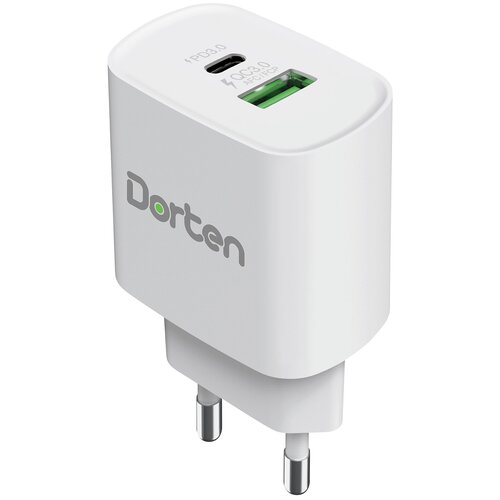 Сетевое зарядное устройство Dorten 20W QC+USB-C/PD белое / быстрая зарядка для Iphone / Xiaomi / Samsung / Power Bank / Type-C+USB