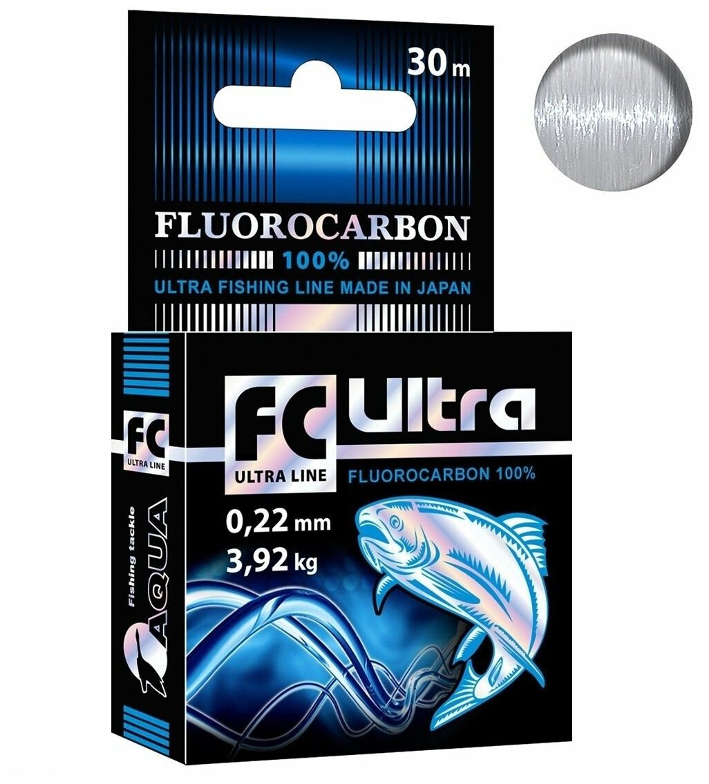 Леска для рыбалки AQUA FC Ultra Fluorocarbon 100% 0,22mm, 30m, цвет - прозрачный, test - 3,92kg ( 1 штука )