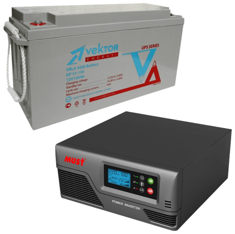 Резервный ИБП Must EP20-1000 PRO в комплекте с аккумулятором Vektor Energy GPL 12-150 1000Вт/150А*Ч