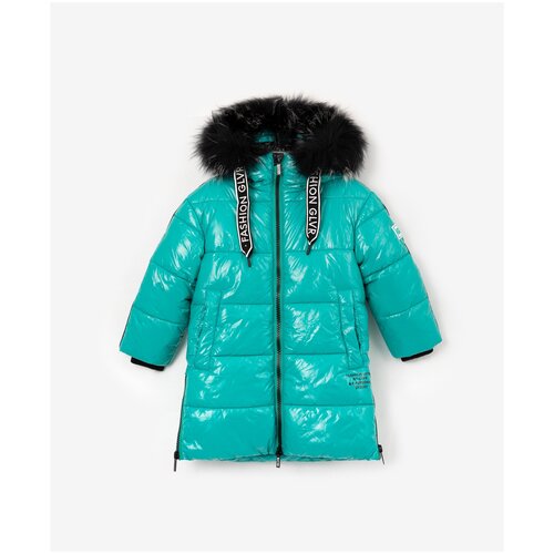 Пальто зимнее из глянцевой плащовки с молнией по бокам бирюзовое Gulliver, размер 116, мод. 22201GMC4507