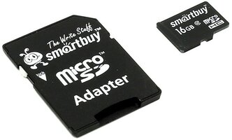 Карта памяти SmartBuy microSDHC 16 ГБ Class 10, адаптер на SD, 1 шт., черный