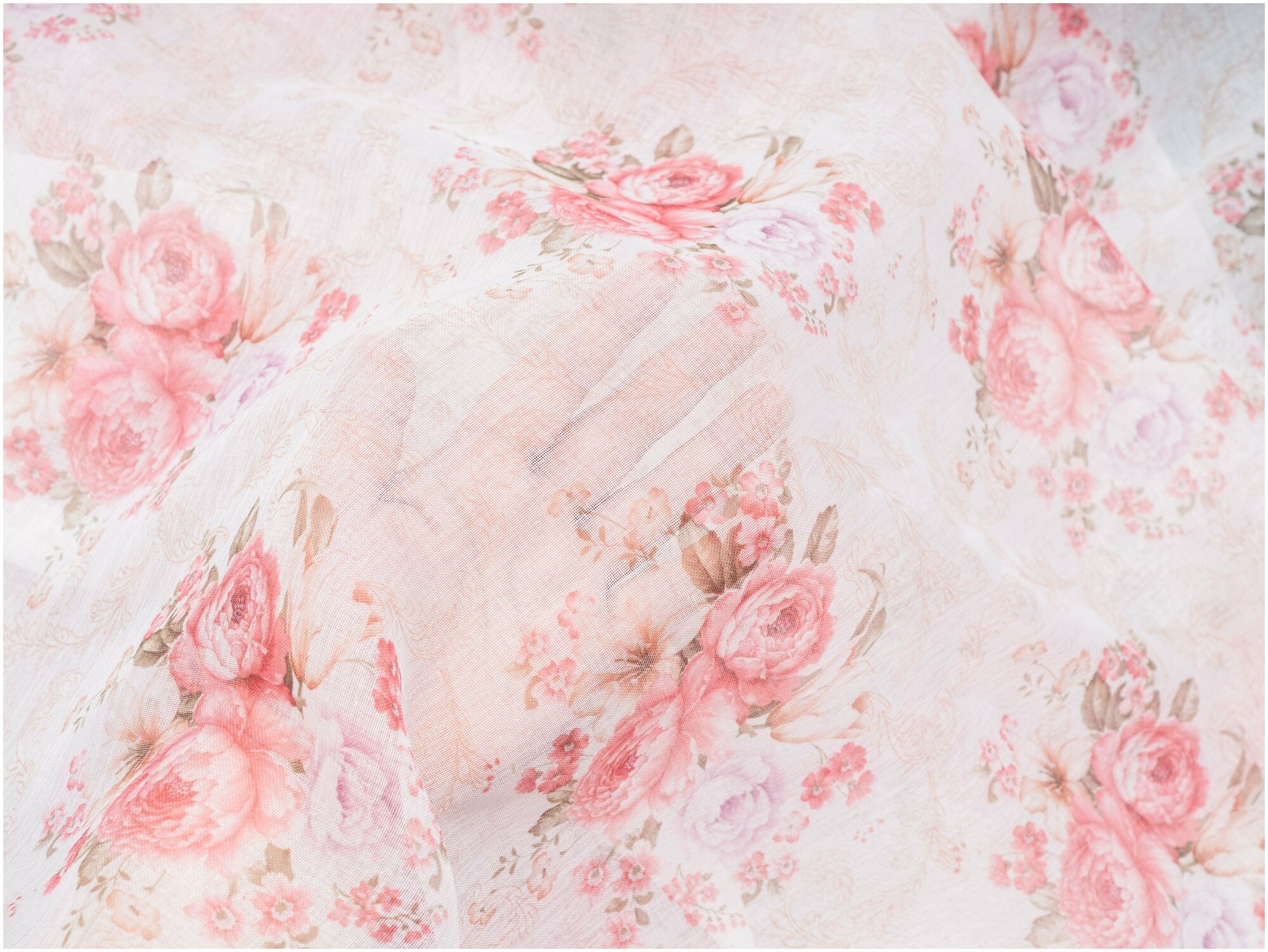 Тюль батист печать "Магнолия" высота 240, ширина 400, цвет розовый на шторной ленте - фотография № 3