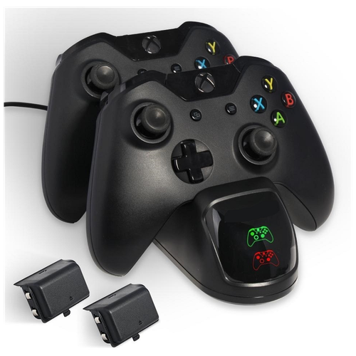 Зарядная станция Stand для 2-х геймпадов (джойстиков) Xbox one + USB кабель+ 2 аккумулятора, черный цвет зарядная станция на 2 аккумулятора для квадрокоптера syma x25pro x25w