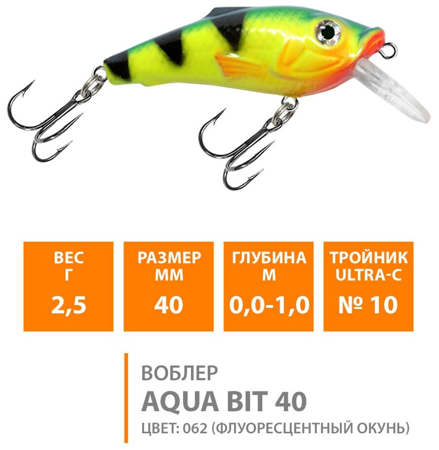 Воблер для рыбалки плавающий AQUA Bit 40mm 3g заглубление от 0.5 до 1m цвет 062