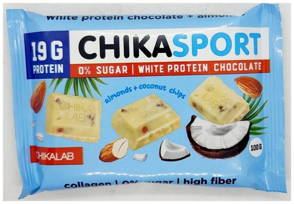 Белый шоколад CHIKALAB Almond + Coconut Chips 100 г - фотография № 3
