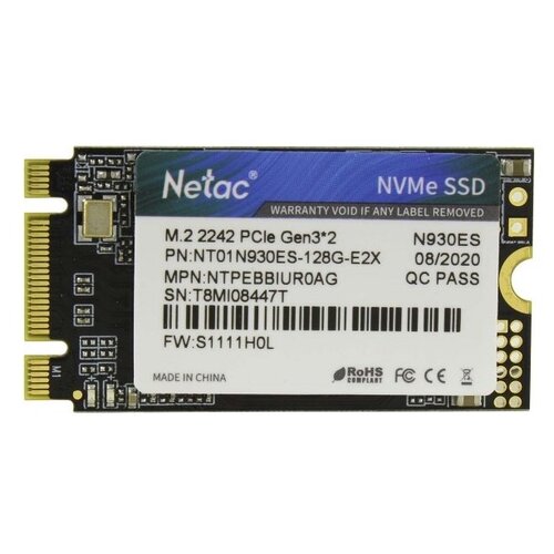 Накопитель Netac N930ES NT01N930ES-128G-E2X SSD, M.2, 128Gb, PCI-E x2, чтение: 1650 Мб/сек, запись: 635 Мб/сек, 3D NAND, TRIM, NVMe