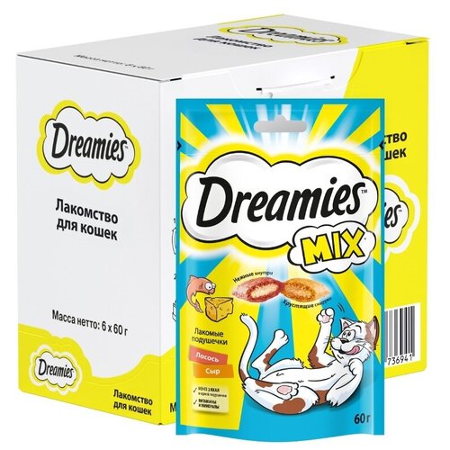 Dreamies MIX лакомство для кошек, подушечки с лососем и сыром (6шт в уп) 60 гр