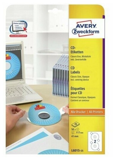 Этикетки Avery Zweckform, для CD, DVD, бумажные, круглые, I-J+L K CL, белые, d -117 мм, 50 штук 25 листов