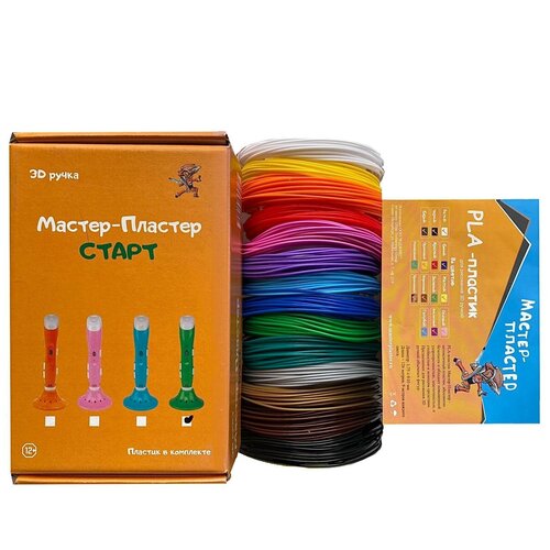Набор 3D ручка Мастер-Пластер старт зеленая + PLA-пластик - 14 цветов (126 метров)