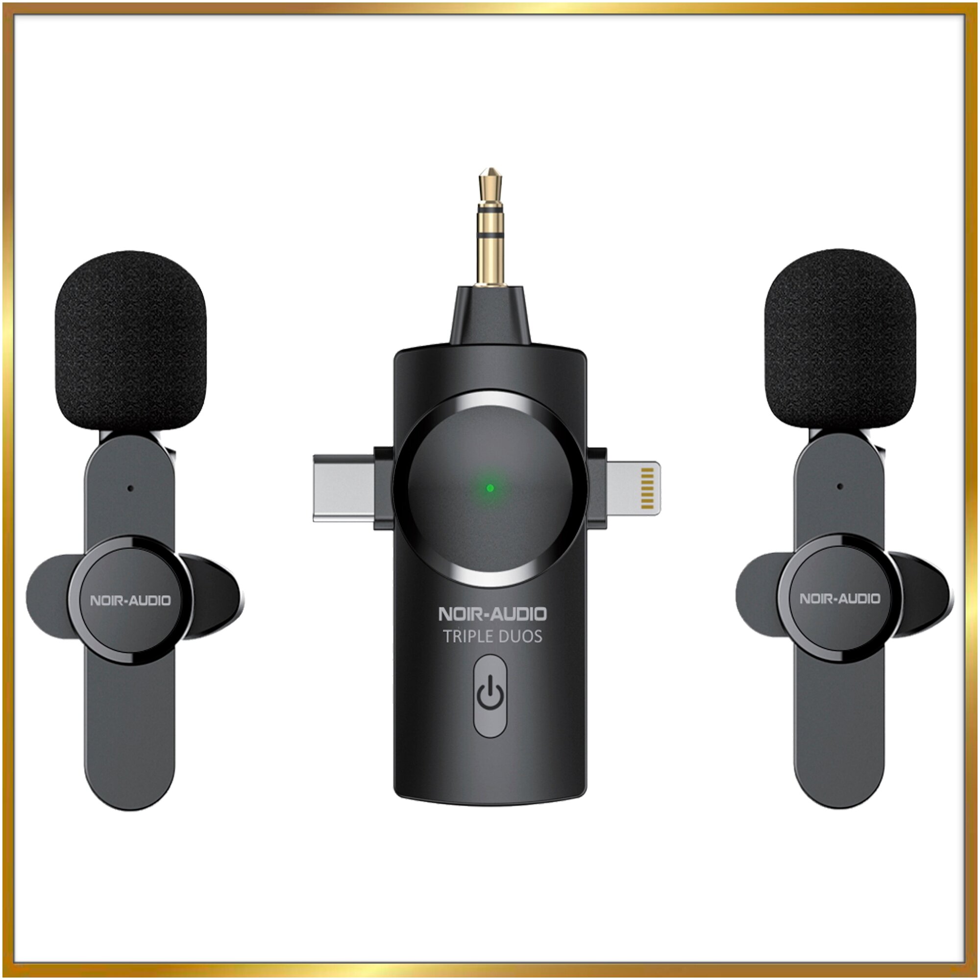 Микрофон петличный беспроводной двойной NOIR-audio TRIPLE DUOS три в одном, приёмник с разъёмом Lightning, Type-C, Jack 3.5 мм.