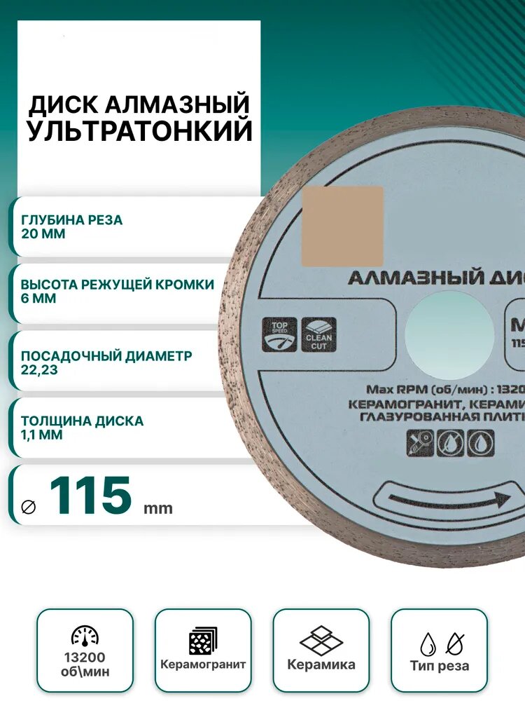 Диск алмазный 115мм 1,1 мм x 22.23 мм по керамике и керамограниту супертонкий
