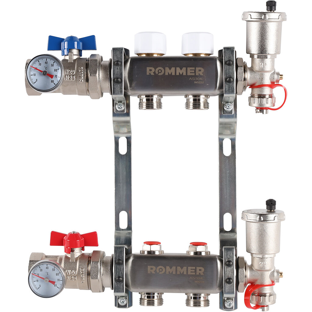 Коллектор из нержавеющей стали Rommer RMS 3210 без расходомеров, 2 вых.