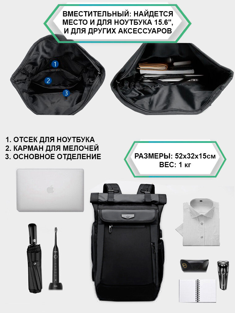 Рюкзак Ozuko 9066, для ноутбука до 15,6", водостойкий, оксфорд, черный — фото 1