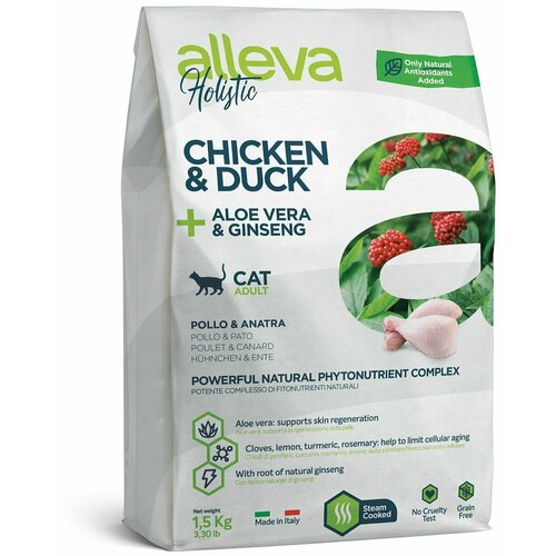 фото Alleva holistic cat adult chicken & duck сухой корм для взрослых кошек с курицей и уткой, алое вера и женьшенем - 1,5 кг