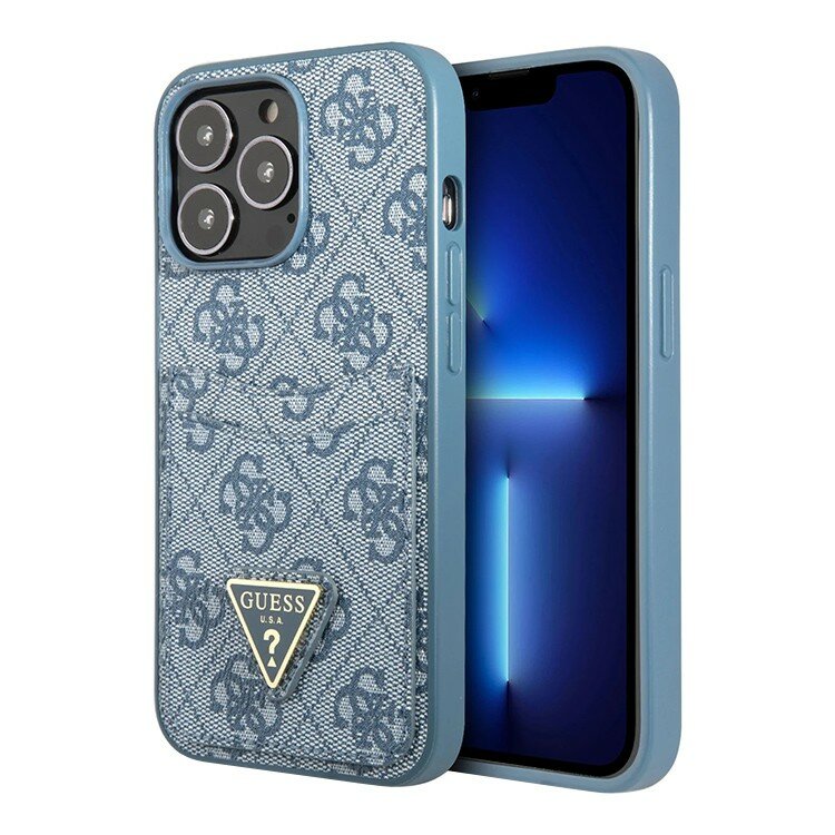 Чехол Guess PU 4G Double cardslot Metal triangle logo Hard для iPhone 13 Pro Max, голубой