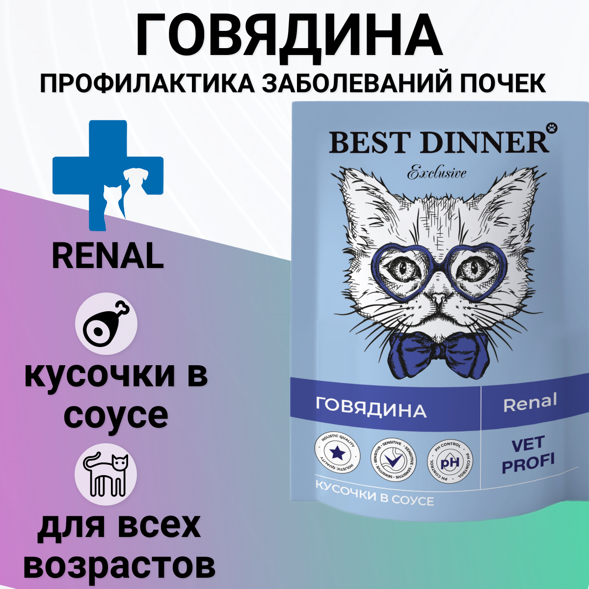 Влажный корм Best Dinner Vet Profi Renal для кошек кусочки в соусе с говядиной для профилактики заболевания почек 85гр