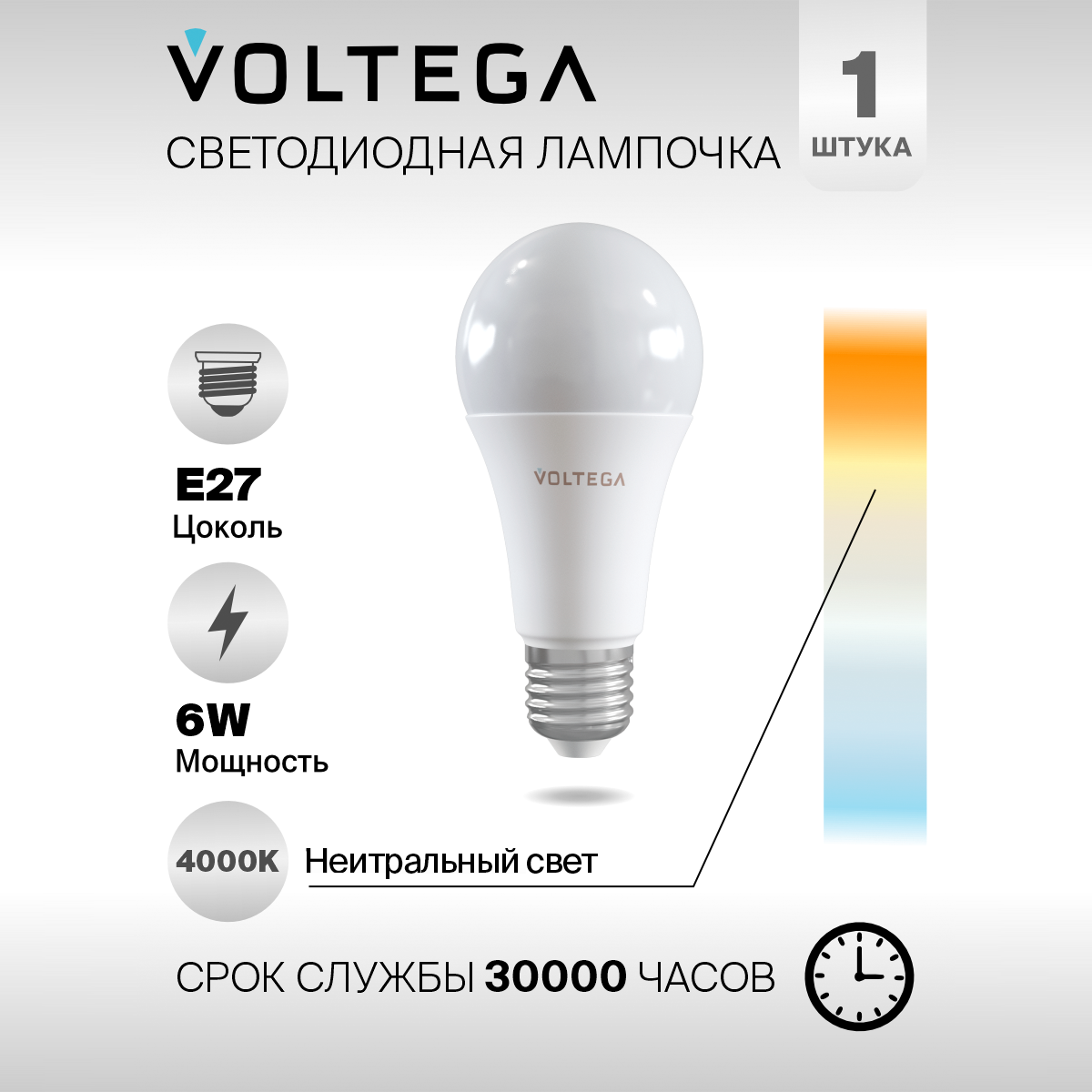 Лампочка светодиодная E27 форма груши 15W нейтральный свет Voltega Simple А60 4000K 1 штука