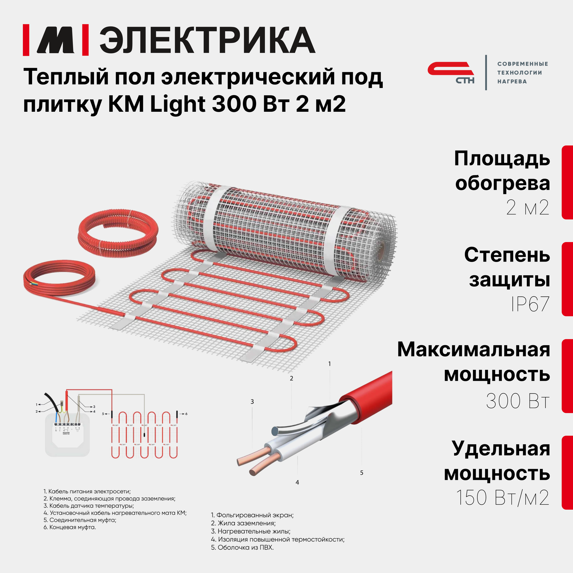 Нагревательный мат, СТН, КМ Light - 300-2,0 150 Вт/м2, 2,0 м2, 400х50 см