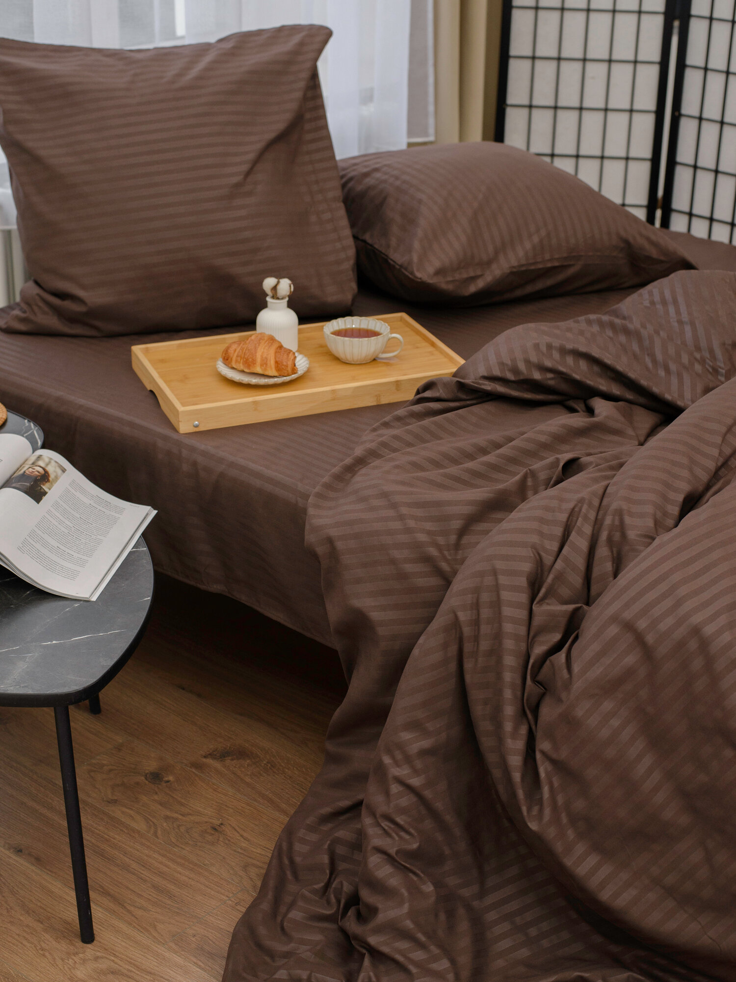 Постельное белье 2 спальное с европростыней (2 нав. 70х70) цвет шоколад, Cherry Home полисатин страйп. — фото 1