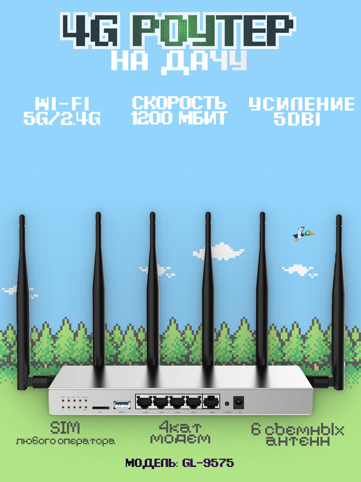 4G Wi-Fi роутер GL-9575 5G ULTRA, готовый комплект, интернет на дачу, wi-fi роутер с сим, мобильный роутер wi-fi