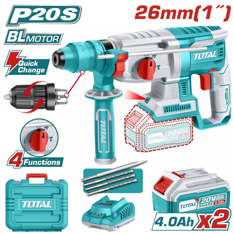 Перфоратор TOTAL TRHLI202289, бесщеточный, 2 аккумулятора, в кейсе — фото 1
