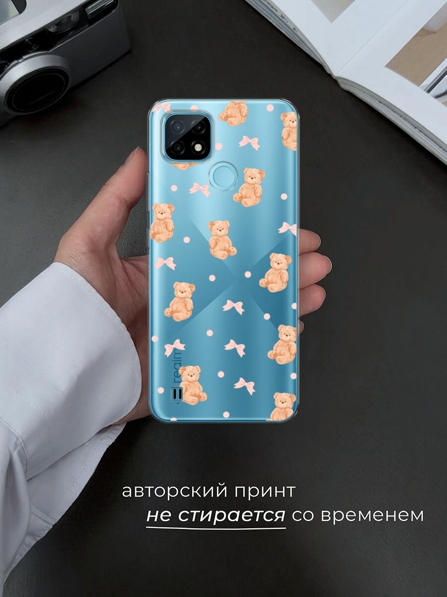 Чехол на Realme C21 / Реалми С21 с принтом Паттерн бежевые мишки, прозрачный — фото 1