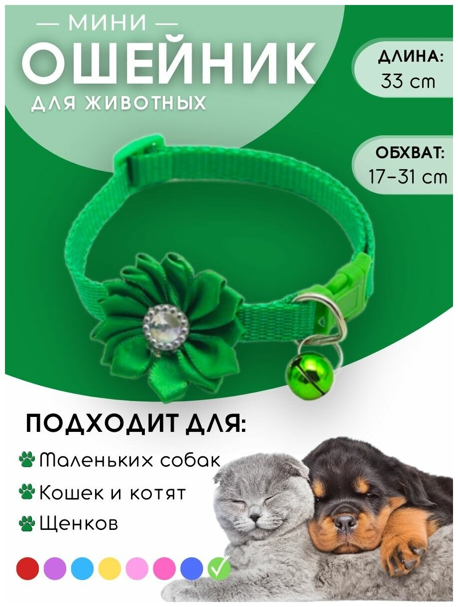 Ошейник с колокольчиком и цветком со стразой для собак и для кошек - фотография № 1