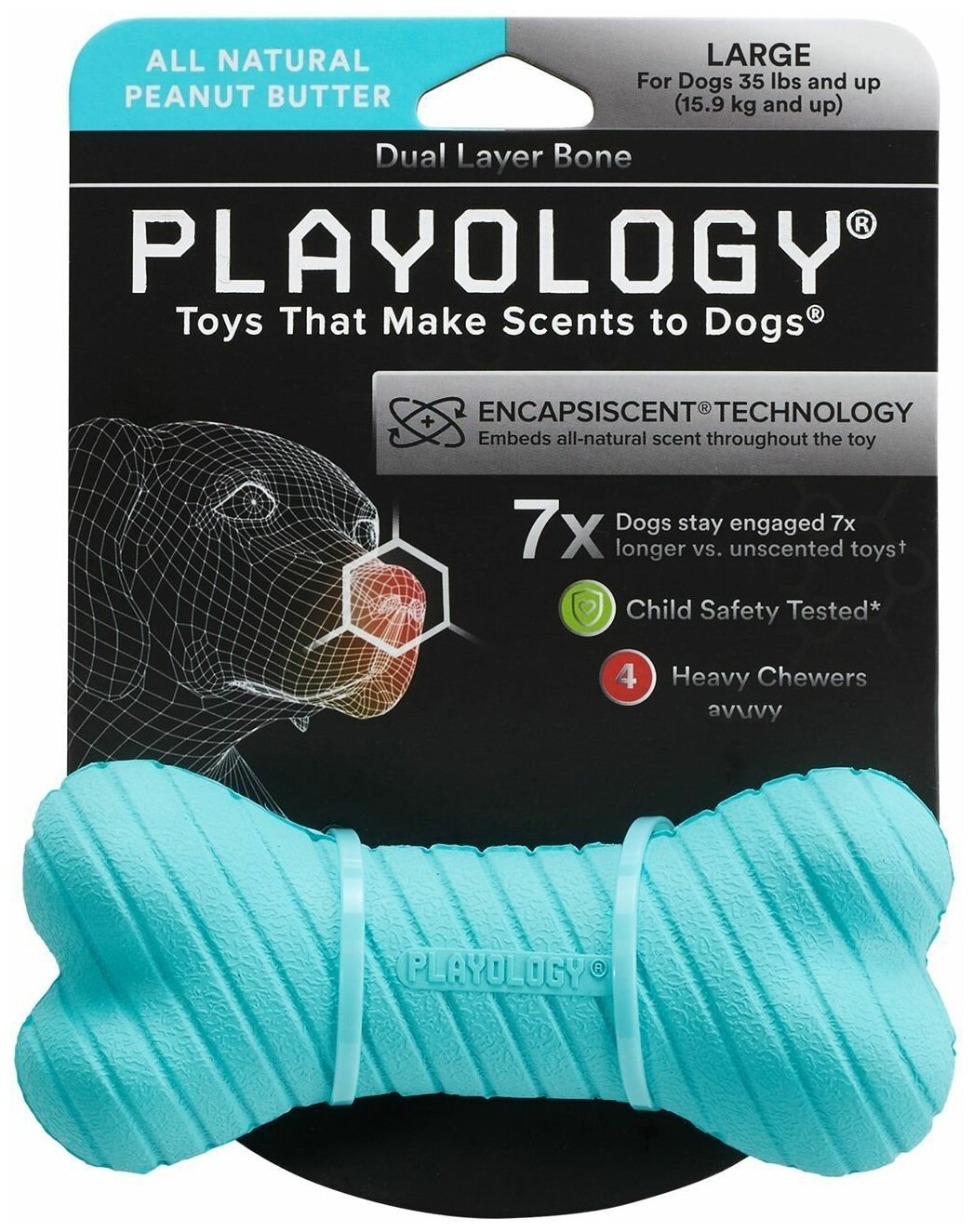 Игрушка Playology двухслойная жевательная косточка для собак DUAL LAYER BONE с ароматом арахиса, средняя, голубой - фотография № 7