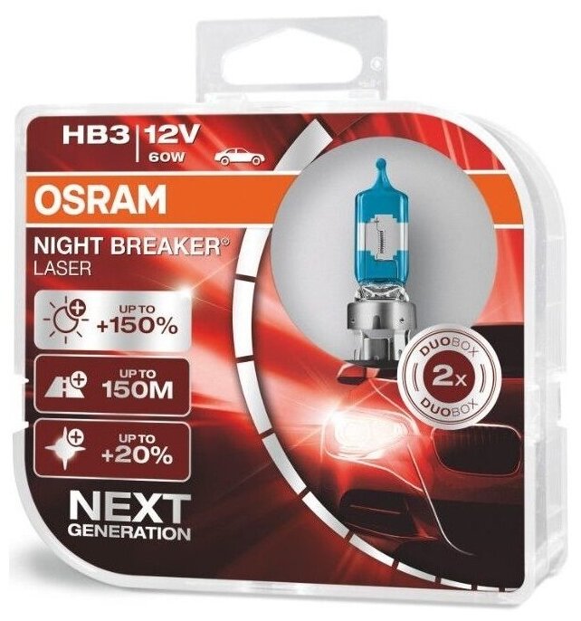 Лампы Hb3 12V 60W Nigtt Braker Laser +150% P20d, 2 Шт. Osram арт. 9005 NL DUOBOX