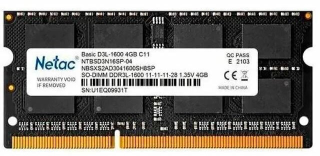 Модуль памяти Netac DDR3L SO-DIMM 1600Mhz PC12800 CL11 - 4Gb NTBSD3N16SP-04