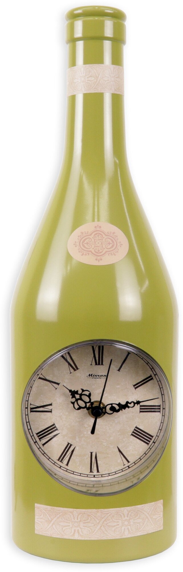 Кухонные настенные часы MIRRON 121-175 ЗЛ/Часы в форме бутылки/Зелёный цвет корпуса/Тематические часы/Оригинальные часы на кухню/Циферблат с римскими цифрами