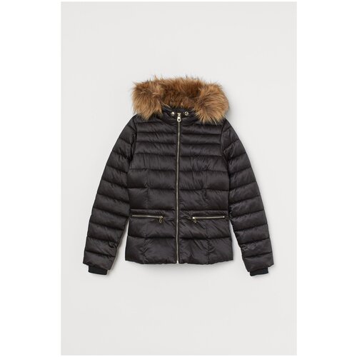 Куртка  H&M, демисезон/зима, средней длины, силуэт полуприлегающий, капюшон, карманы, съемный мех, манжеты, размер 6, черный