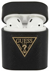 Фото Guess Чехол Guess Saffiano PU leather case with metal logo для Airpods, черный