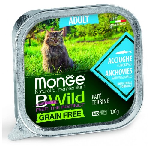 Monge Cat BWild Grain Free беззерновые консервы из анчоусов с овощами для взрослых кошек 100г .