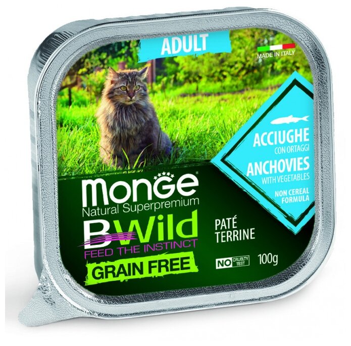 Monge Cat BWild GRAIN FREE беззерновые консервы из анчоусов с овощами для взрослых кошек 100г