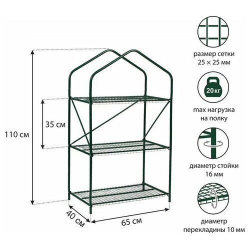 Парник-стеллаж, 3 полки, 110 65 40 см, металлический каркас d 16 мм, чехол плёнка 100 мкм