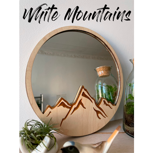 Зеркало настенное круглое интерьерное Горы в деревянной раме дизайнерское декор для дома и дачи. Белый.