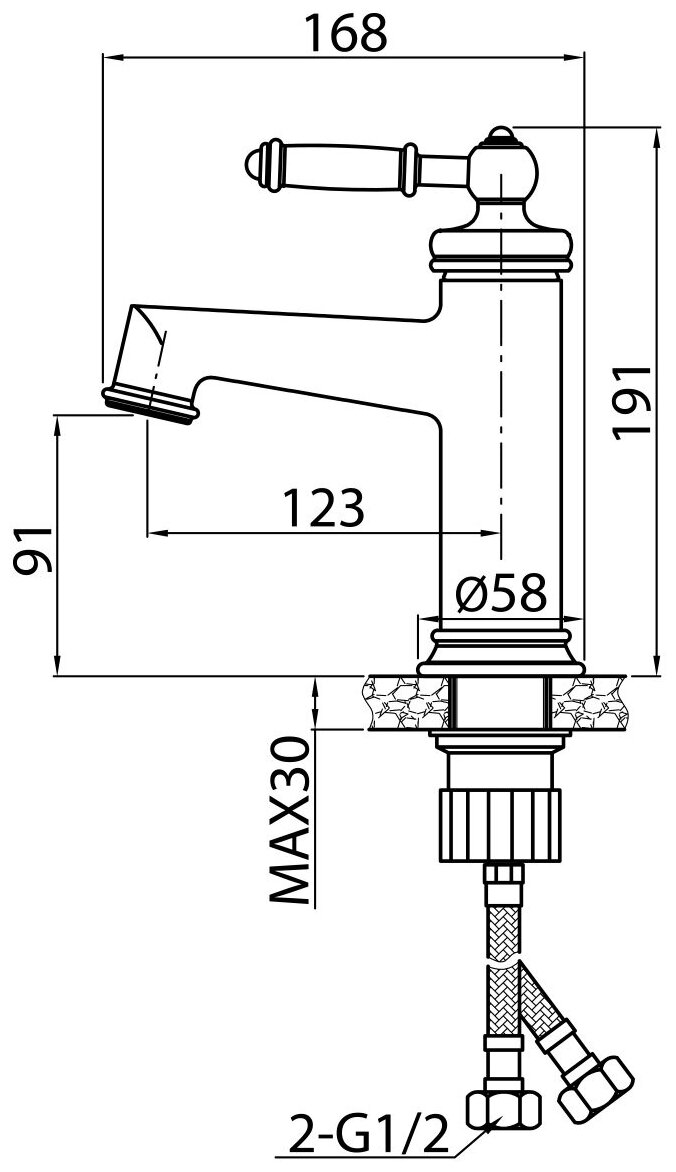 Смеситель для раковины (умывальника) в стиле ретро латунный однорычажный с гибкой подводкой в комплекте ELGHANSA 1635636, хром - фотография № 2