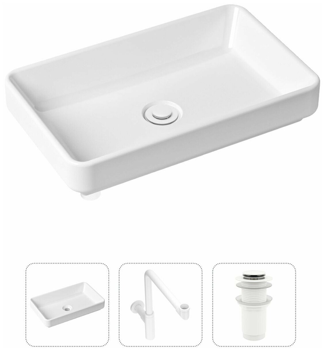 Накладная раковина в ванную Lavinia Boho Bathroom Sink Slim 21520161 в комплекте 3 в 1: умывальник белый, донный клапан и сифон в цвете матовый белый