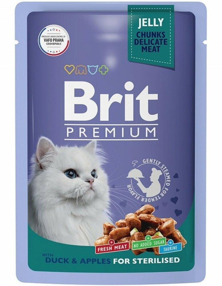 Пауч Brit Premium для взрослых стерилизованных кошек утка с яблоками в желе 85г